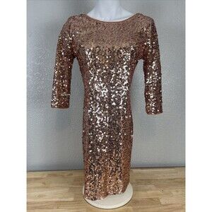 Ling Champagne Rose Gold Sequin Mini Dress Sleeves Cocktail Party Holiday Sz Sm